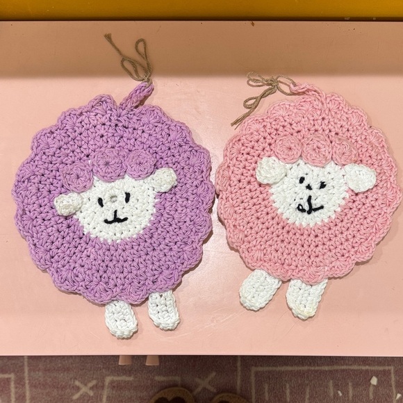 Other - Vintage Hand Crochet Knit Lamb Pink Purple Hot Pads Coasters